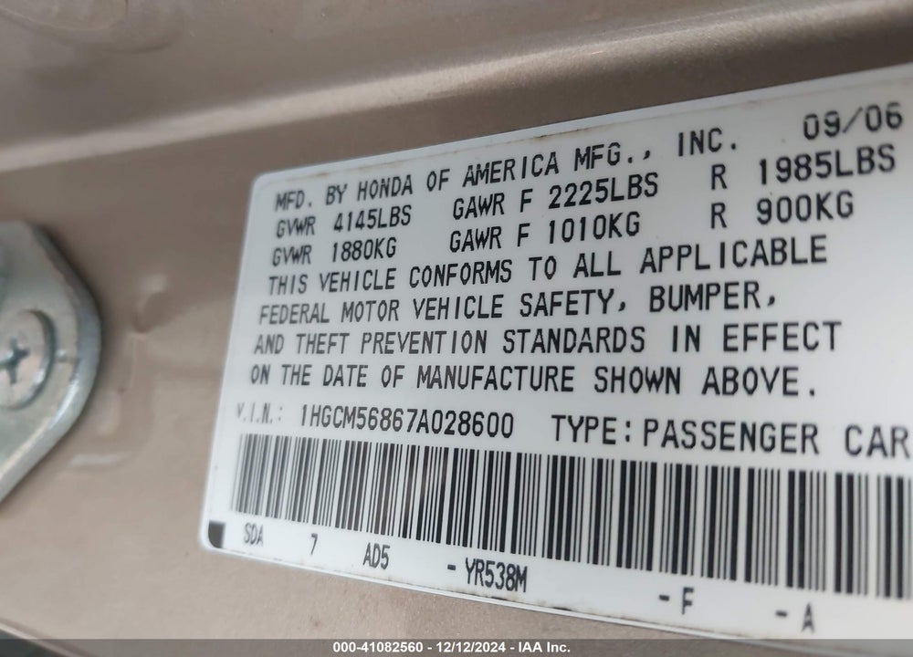 2007 HONDA ACCORD 2.4 EX VIN: 1HGCM56867A028600
