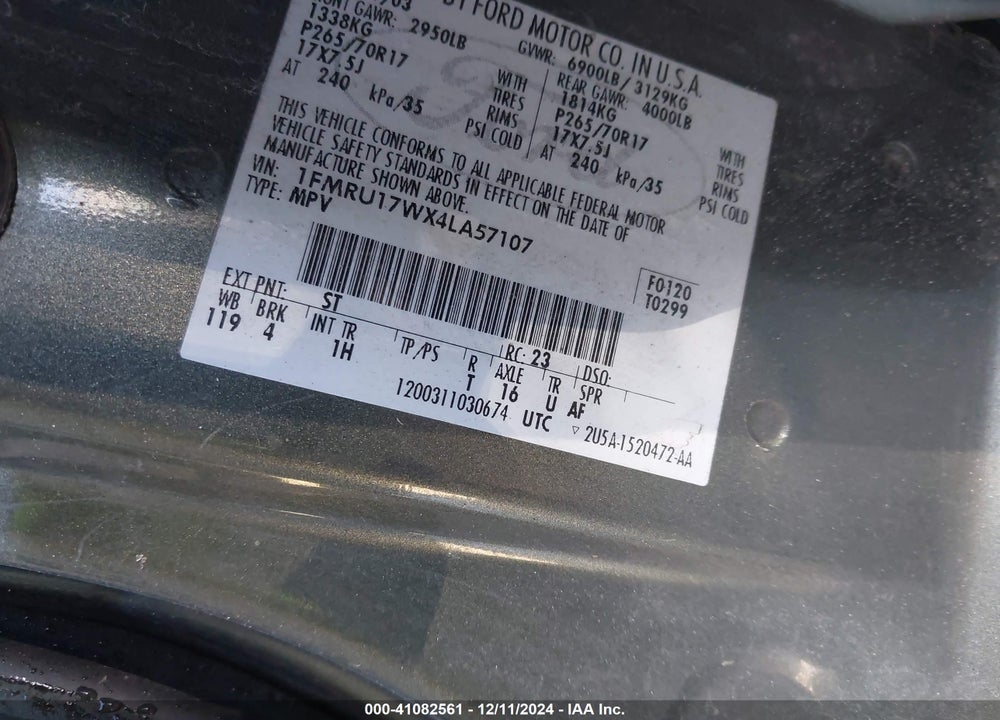 2004 FORD EXPEDITION EDDIE BAUER VIN: 1FMRU17WX4LA57107