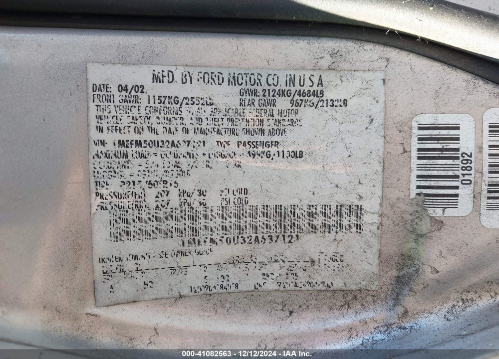2002 MERCURY SABLE VIN: 1MEFM50U32A637121