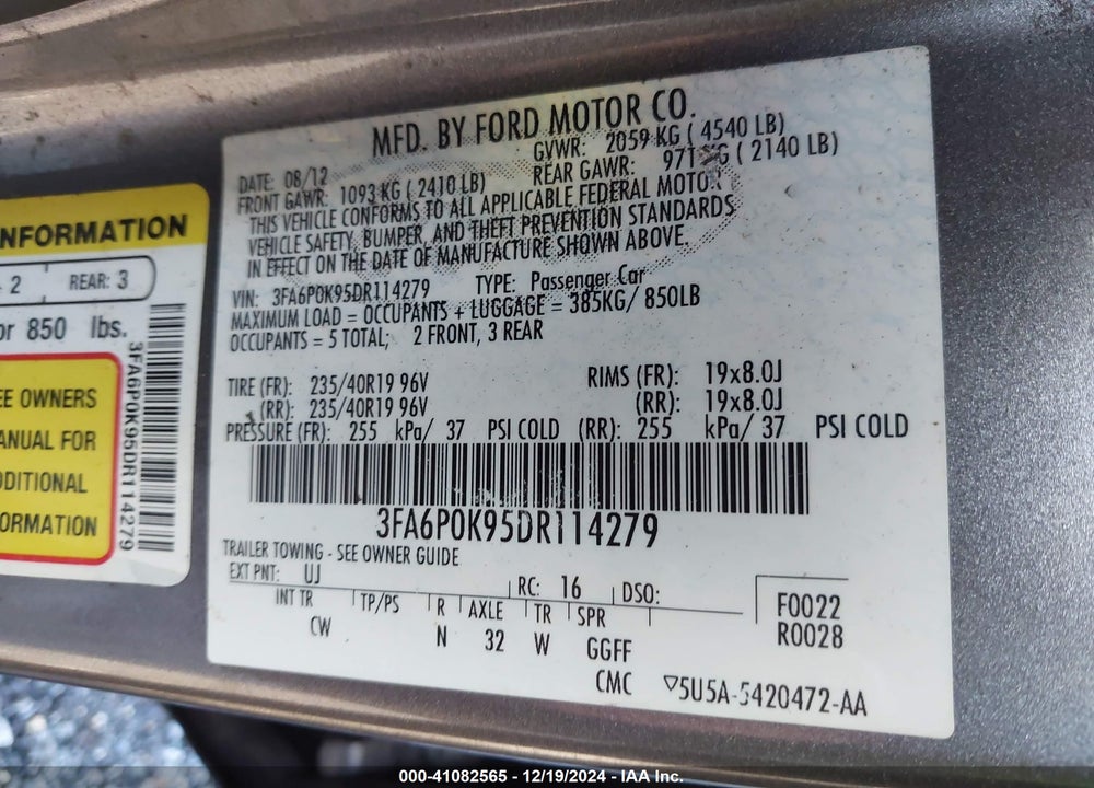 2013 FORD FUSION TITANIUM VIN: 3FA6P0K95DR114279