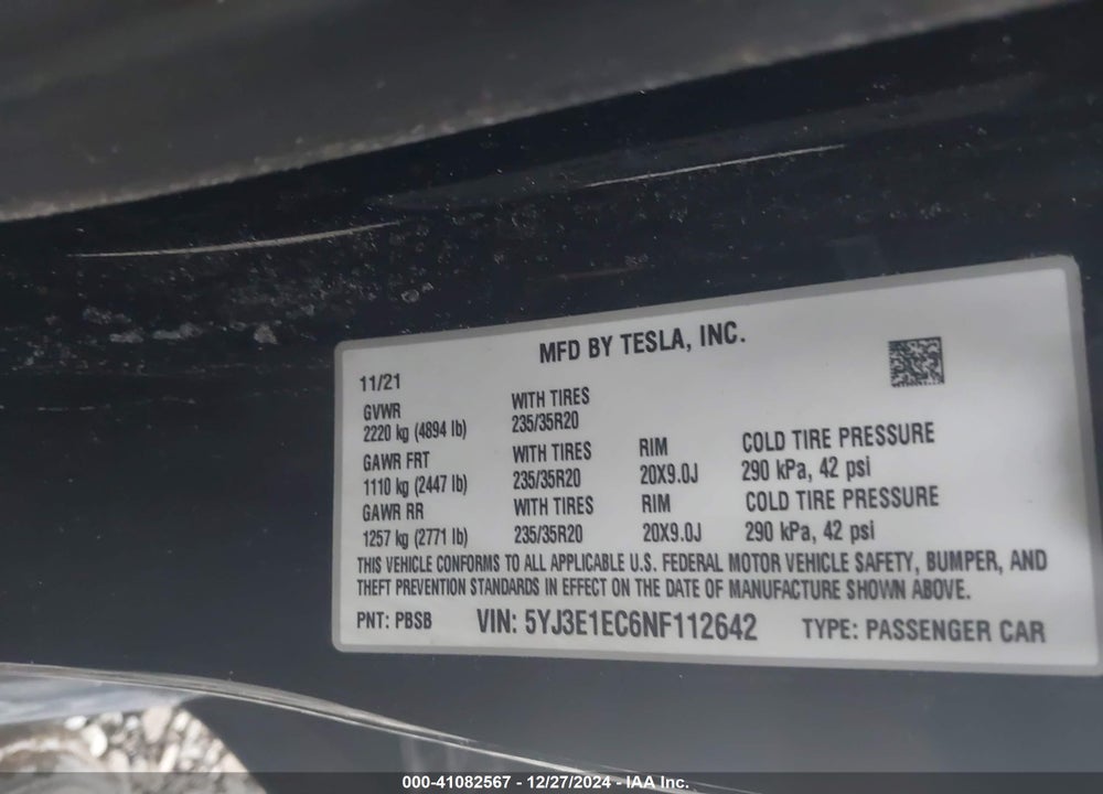 2022 TESLA MODEL 3 PERFORMANCE DUAL MOTOR ALL-WHEEL DRIVE VIN: 5YJ3E1EC6NF112642