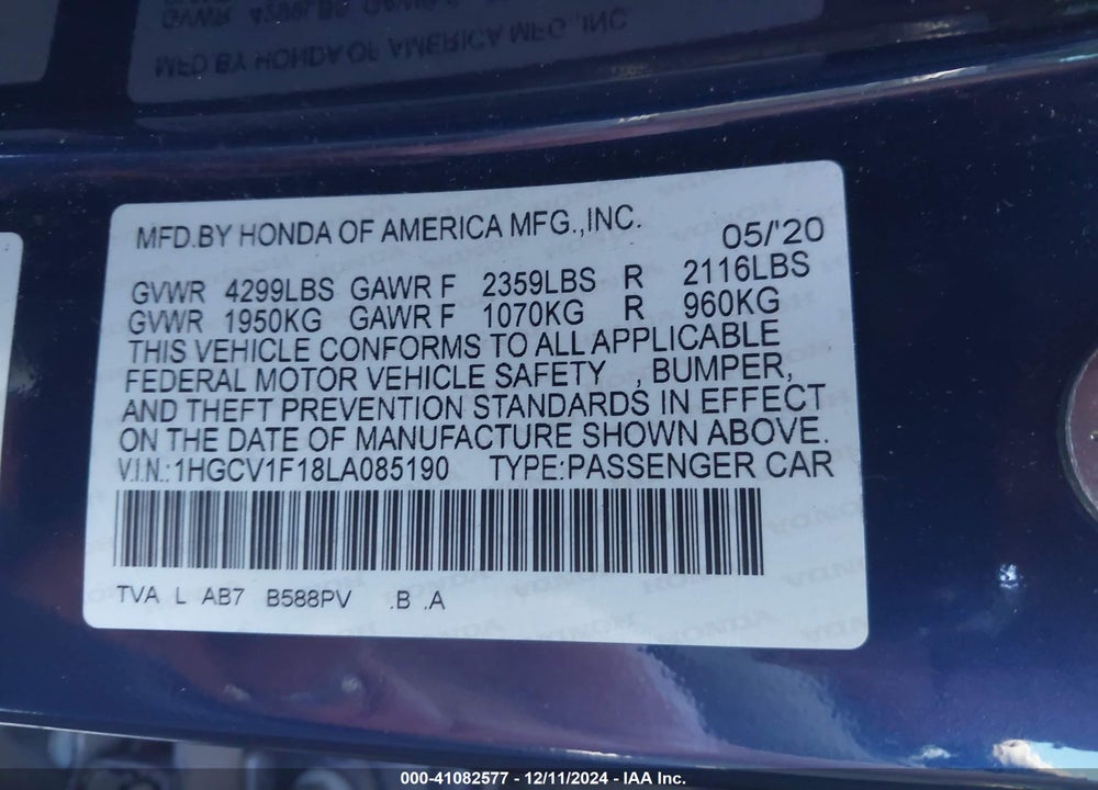 2020 HONDA ACCORD LX VIN: 1HGCV1F18LA085190