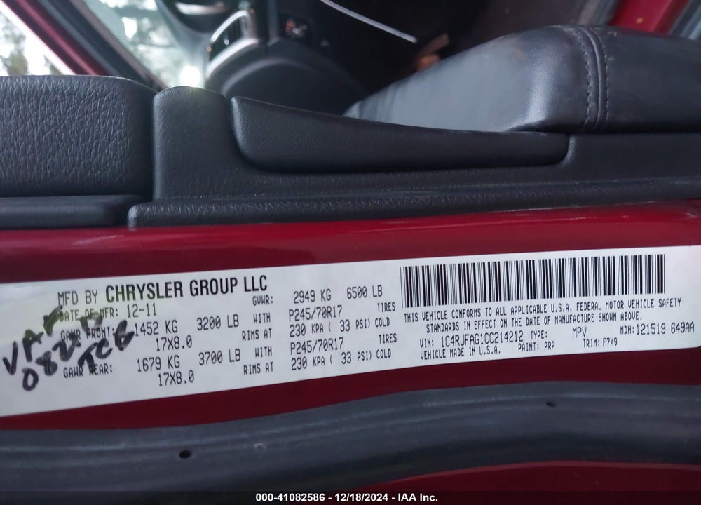 2012 JEEP GRAND CHEROKEE LAREDO VIN: 1C4RJFAG1CC214212