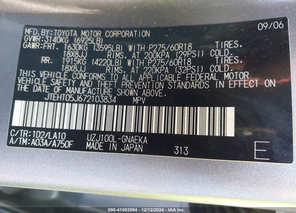 2007 TOYOTA LAND CRUISER V8 VIN: JTEHT05J672103834