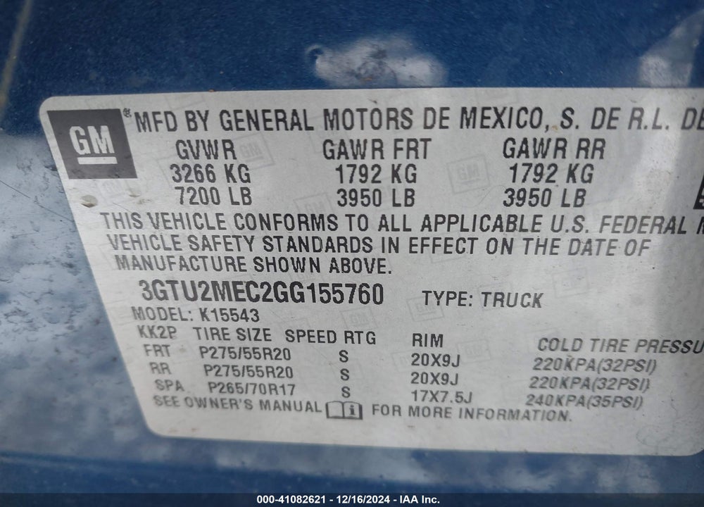 2016 GMC SIERRA 1500 SLE VIN: 3GTU2MEC2GG155760