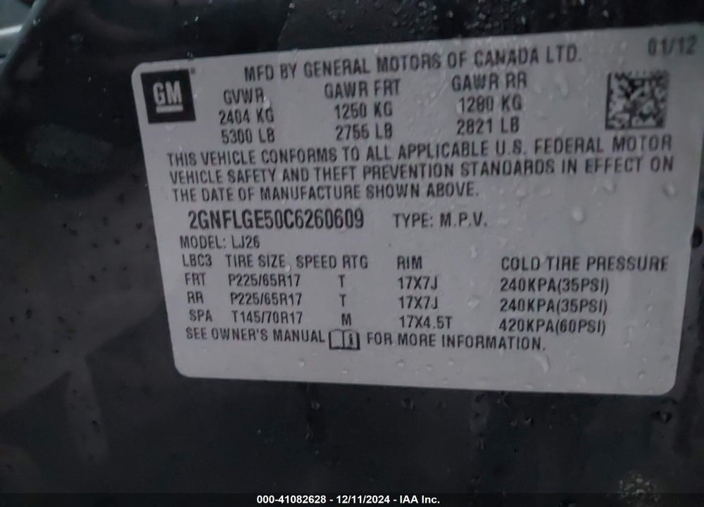 2012 CHEVROLET EQUINOX LTZ VIN: 2GNFLGE50C6260609