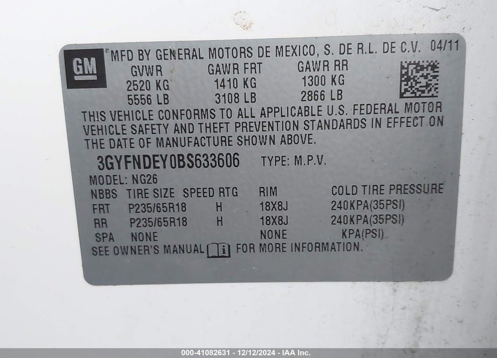 2011 CADILLAC SRX LUXURY COLLECTION VIN: 3GYFNDEY0BS633606