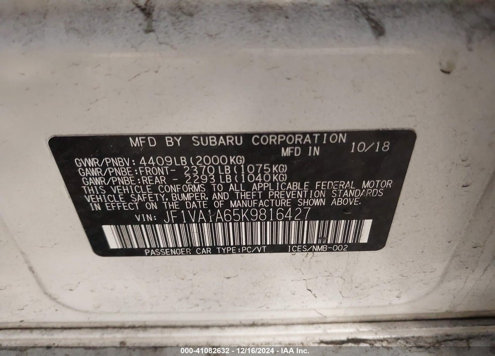 2019 SUBARU WRX VIN: JF1VA1A65K9816427