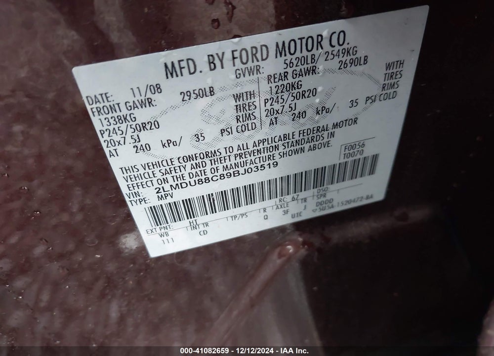 2009 LINCOLN MKX VIN: 2LMDU88C89BJ03519