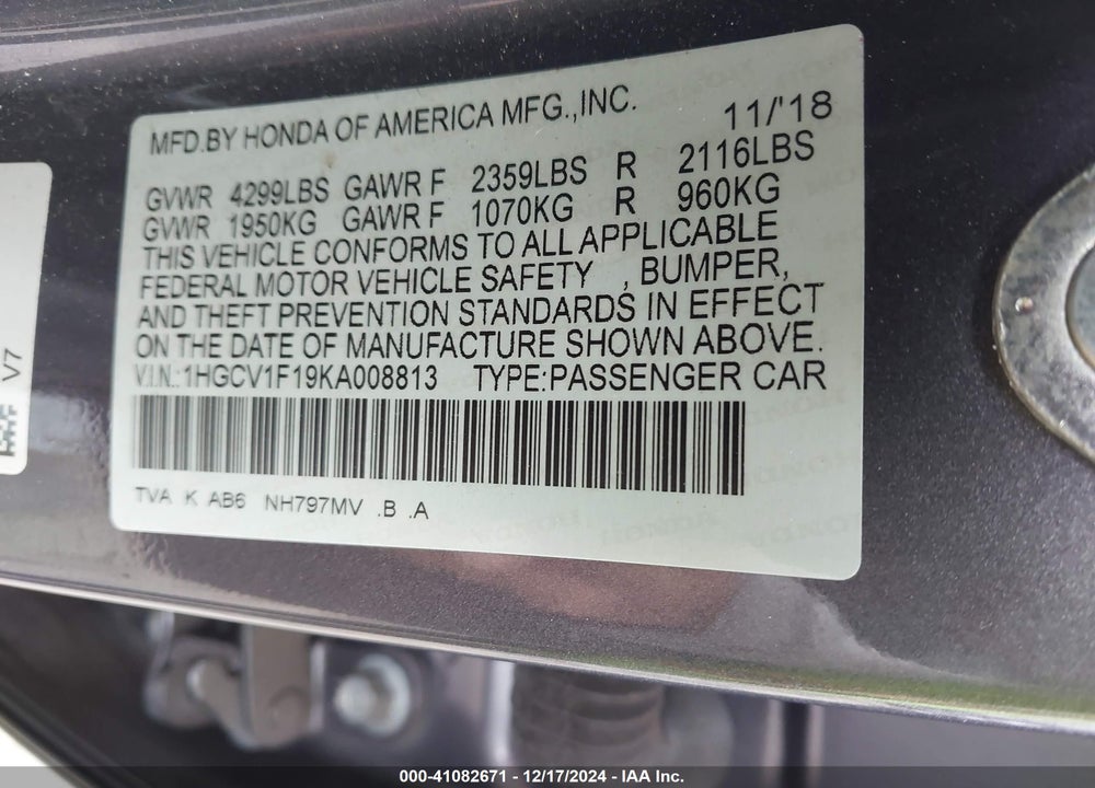 2019 HONDA ACCORD LX VIN: 1HGCV1F19KA008813