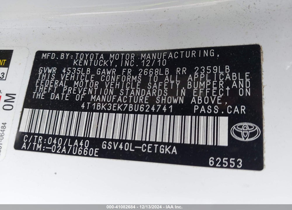 2011 TOYOTA CAMRY XLE V6 VIN: 4T1BK3EK7BU624741