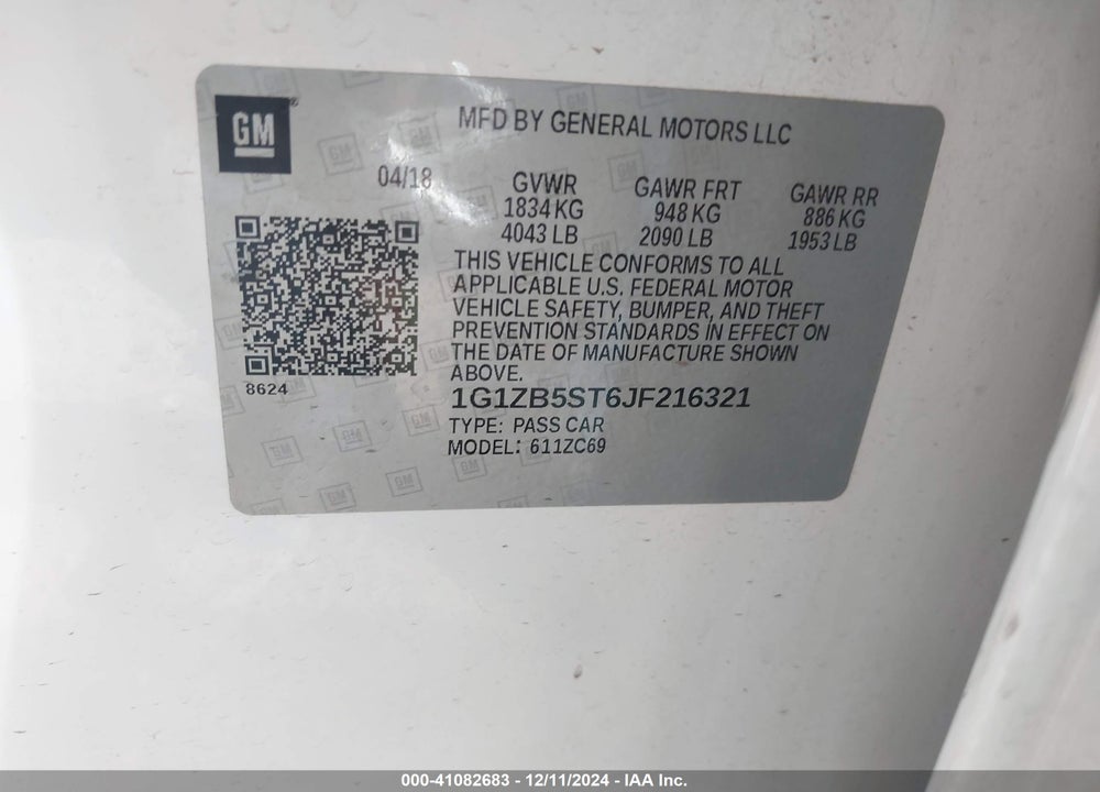 2018 CHEVROLET MALIBU VIN: 1G1ZB5ST6JF216321