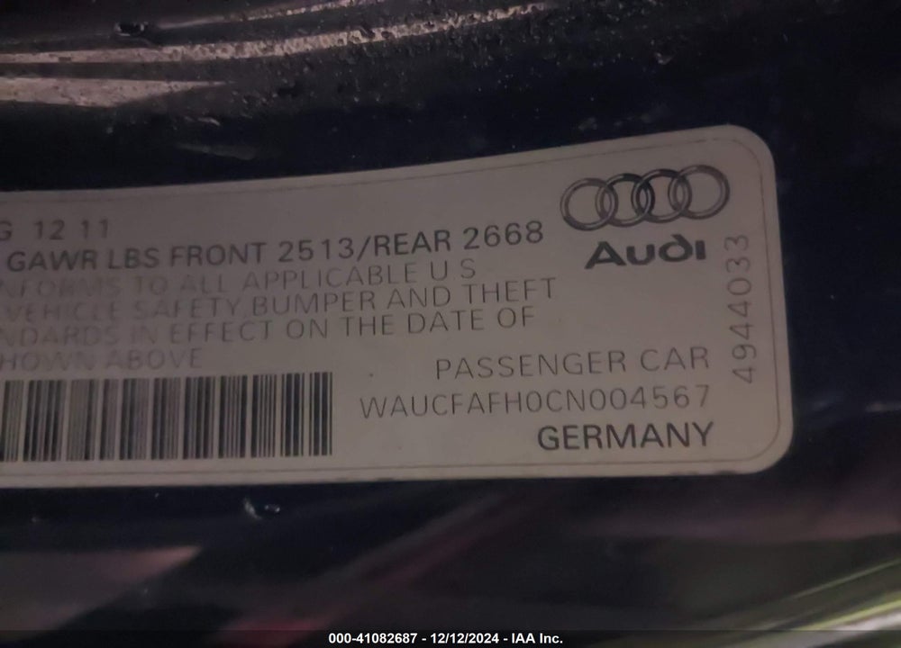 2012 AUDI A5 2.0T PREMIUM VIN: WAUCFAFH0CN004567