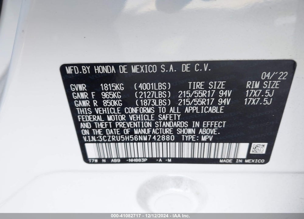 2022 HONDA HR-V 2WD EX VIN: 3CZRU5H56NM742880
