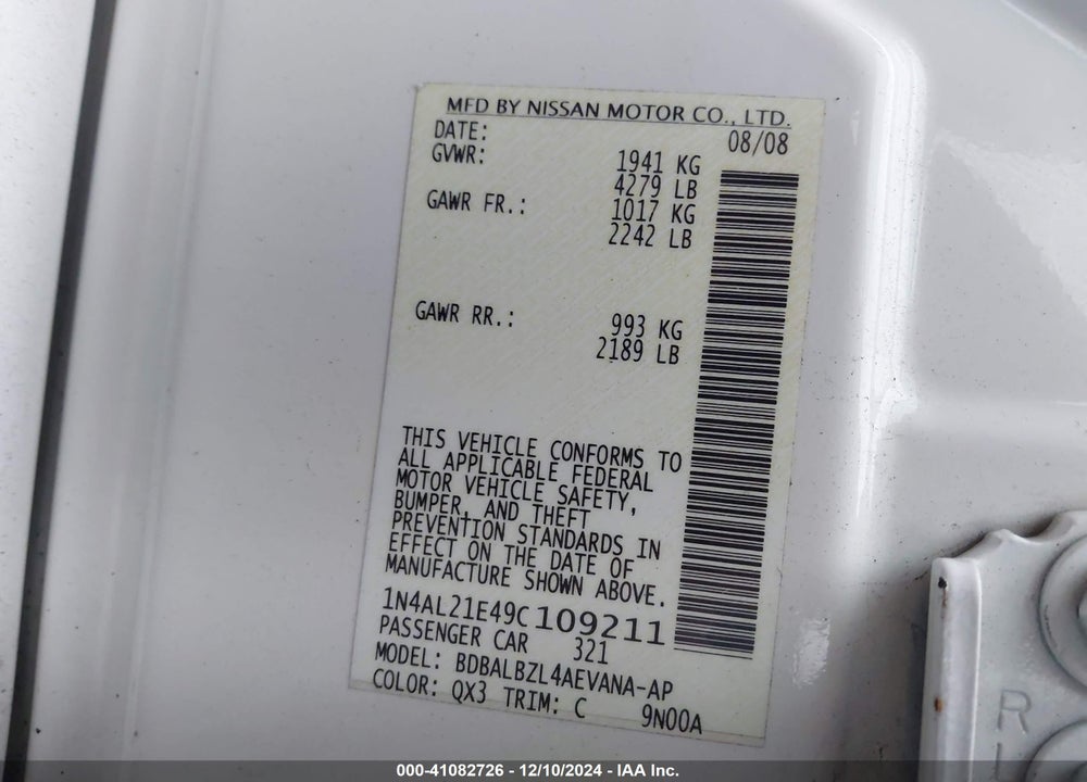 2009 NISSAN ALTIMA 2.5 S VIN: 1N4AL21E49C109211