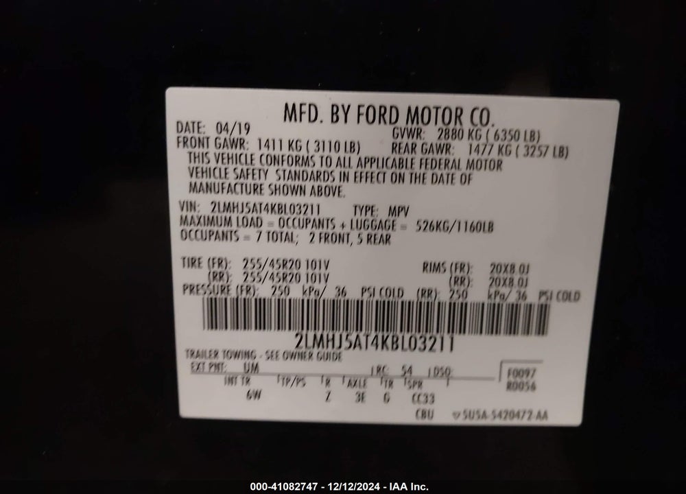 2019 LINCOLN MKT RESERVE VIN: 2LMHJ5AT4KBL03211