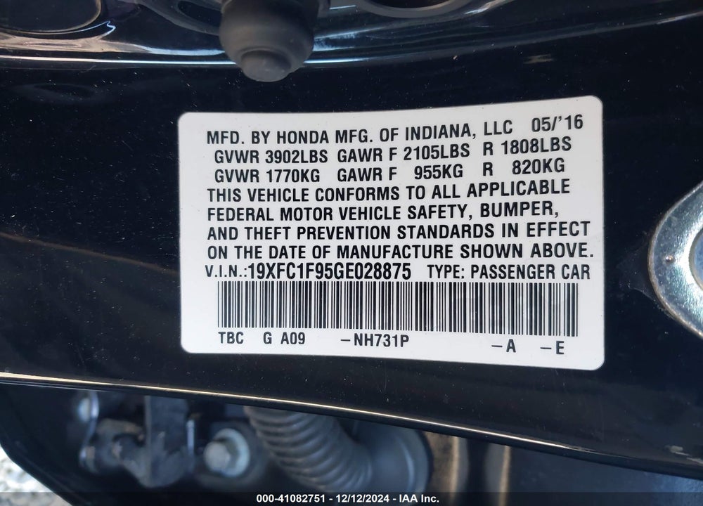 2016 HONDA CIVIC VIN: 19XFC1F95GE028875