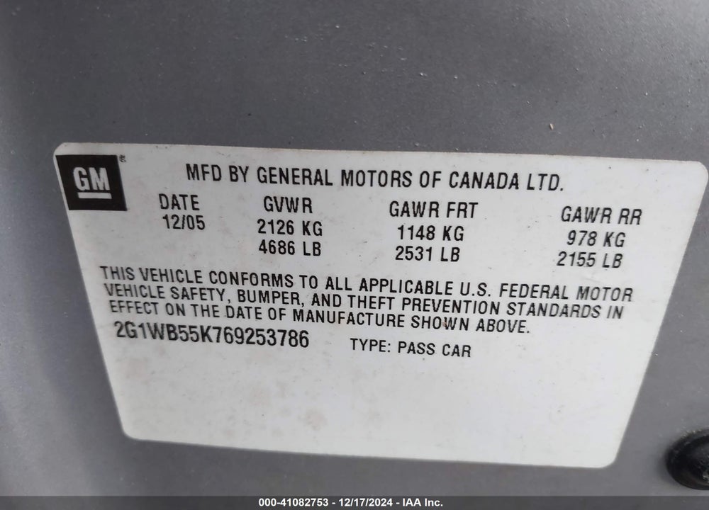 2006 CHEVROLET IMPALA LS VIN: 2G1WB55K769253786