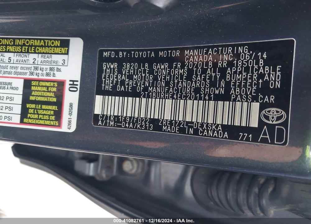 2014 TOYOTA COROLLA S PLUS VIN: 2T1BURHE4EC201141