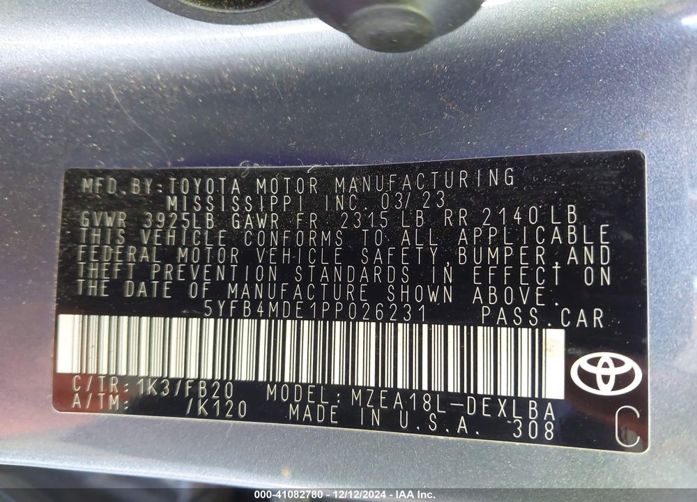 2023 TOYOTA COROLLA VIN: 5YFB4MDE1PP026231