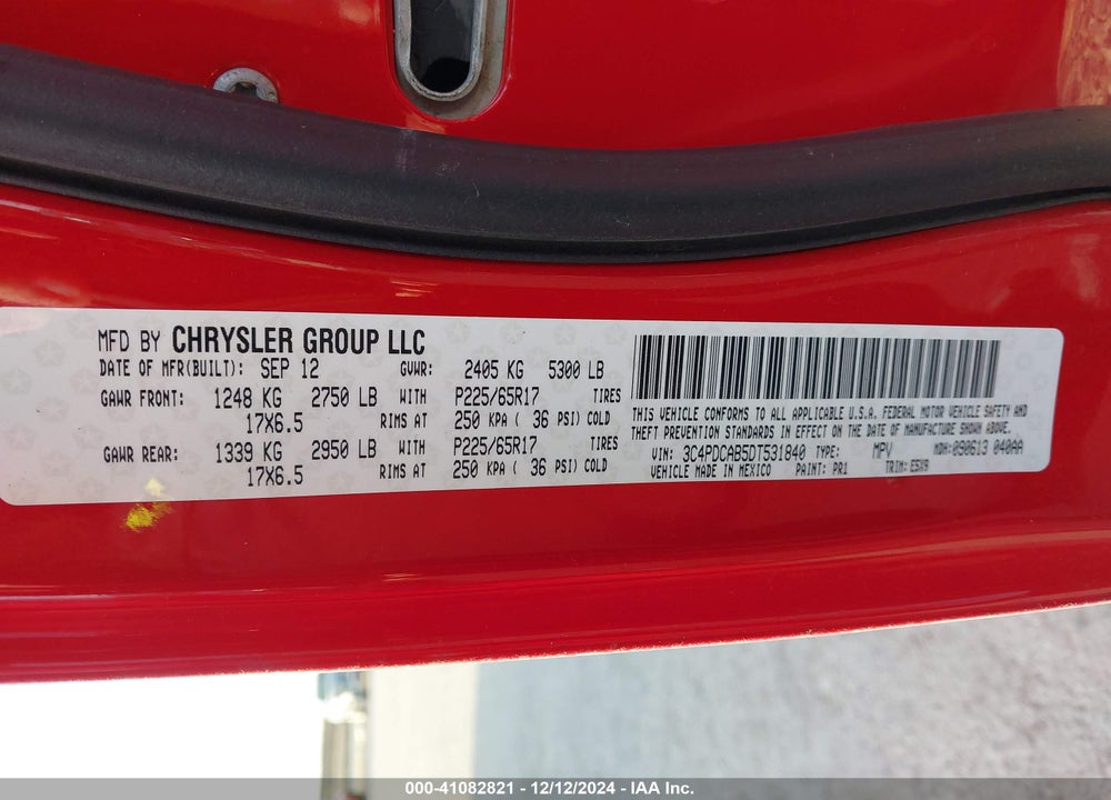 2013 DODGE JOURNEY AMERICAN VALUE PKG VIN: 3C4PDCAB5DT531840