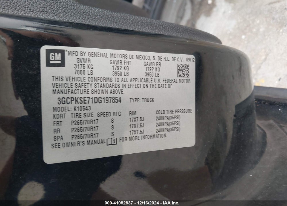 2013 CHEVROLET SILVERADO VIN: 3GCPKSE71DG197854