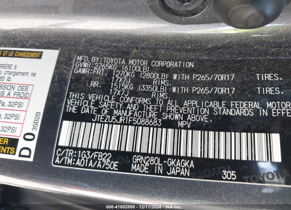 2015 TOYOTA 4RUNNER SR5 VIN: JTEZU5JR1F5088683