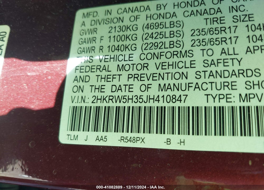 2018 HONDA CR-V LX VIN: 2HKRW5H35JH410847