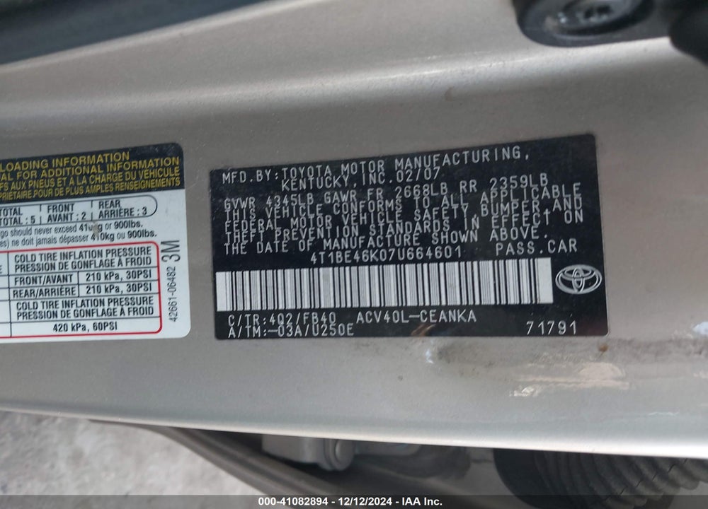 2007 TOYOTA CAMRY CE VIN: 4T1BE46K07U664601
