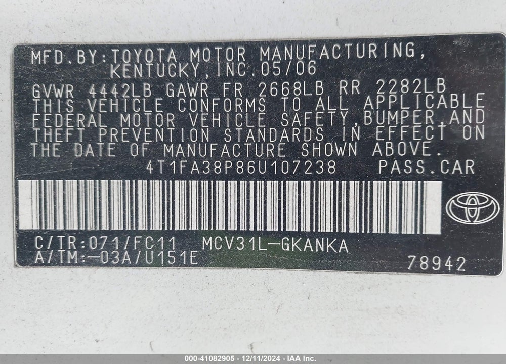 2006 TOYOTA CAMRY SOLARA SE VIN: 4T1FA38P86U107238