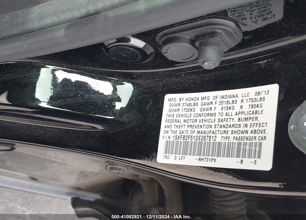 2013 HONDA CIVIC LX VIN: 19XFB2F51DE267812