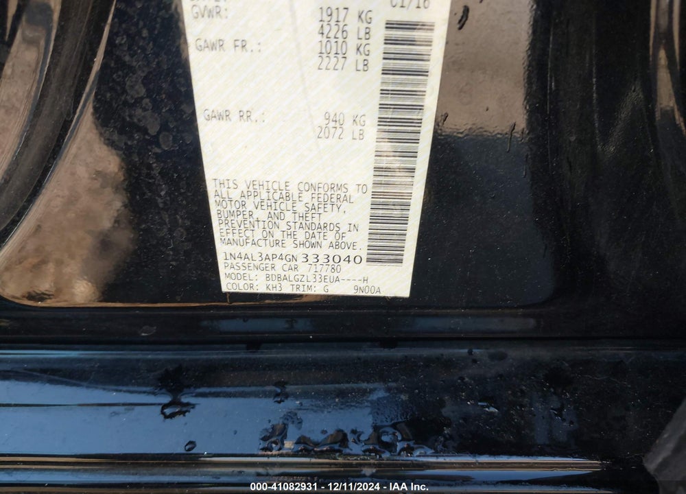 2016 NISSAN ALTIMA 2.5 S VIN: 1N4AL3AP4GN333040