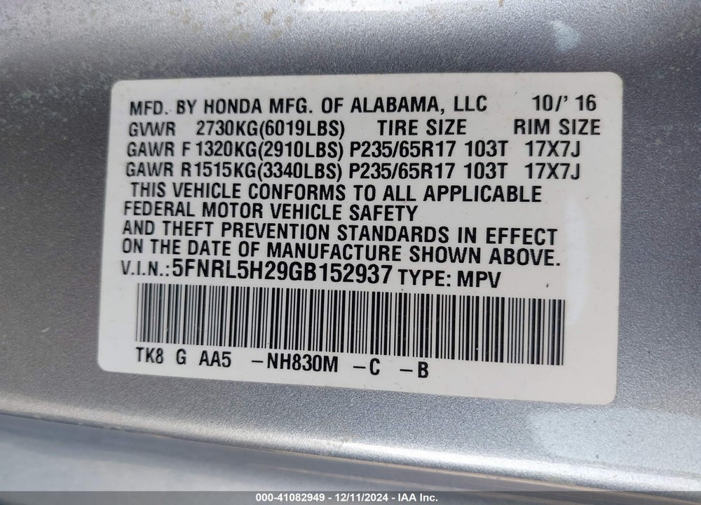 2016 HONDA ODYSSEY LX VIN: 5FNRL5H29GB152937