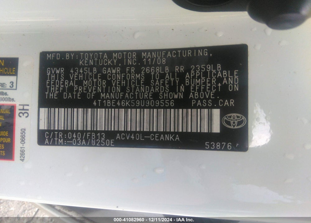 2009 TOYOTA CAMRY LE VIN: 4T1BE46K59U909556