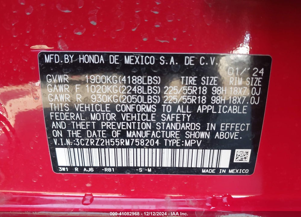 2024 HONDA HR-V AWD SPORT/AWD SPORT W/O BSI VIN: 3CZRZ2H55RM758204