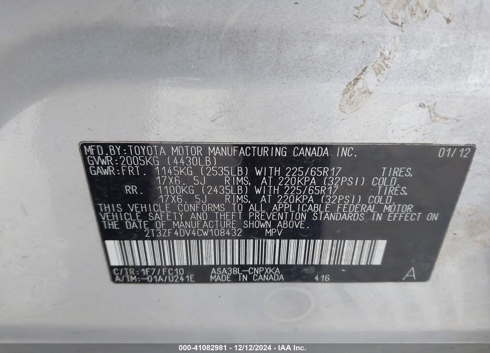 2012 TOYOTA RAV4 VIN: 2T3ZF4DV4CW108432