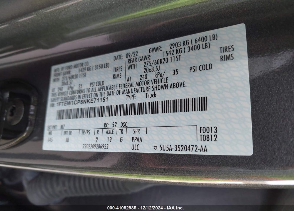 2022 FORD F-150 XL VIN: 1FTEW1CP8NKE71151