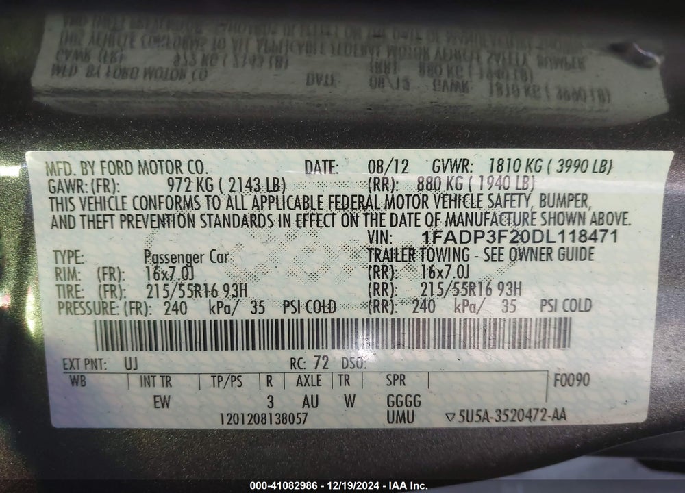 2013 FORD FOCUS SE VIN: 1FADP3F20DL118471