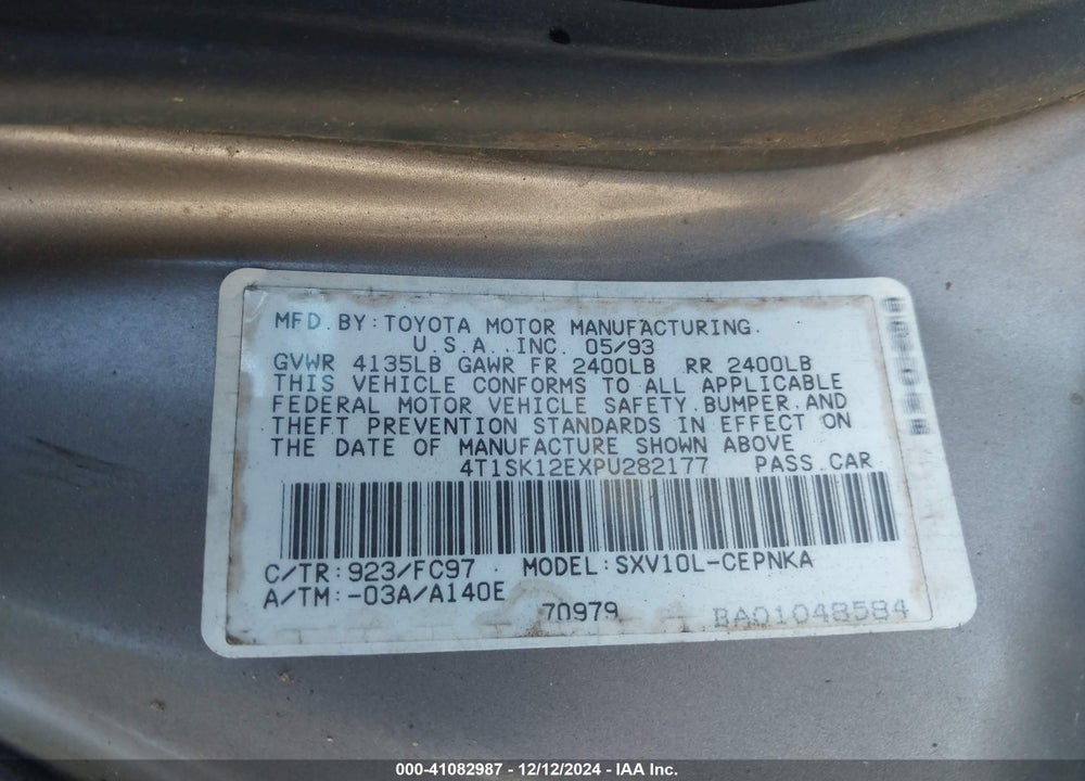 1993 TOYOTA CAMRY LE VIN: 4T1SK12EXPU282177