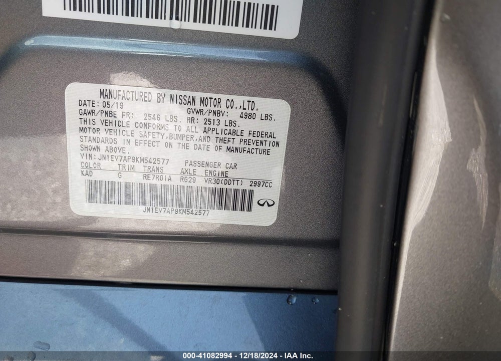 2019 INFINITI Q50 3.0T LUXE VIN: JN1EV7AP9KM542577