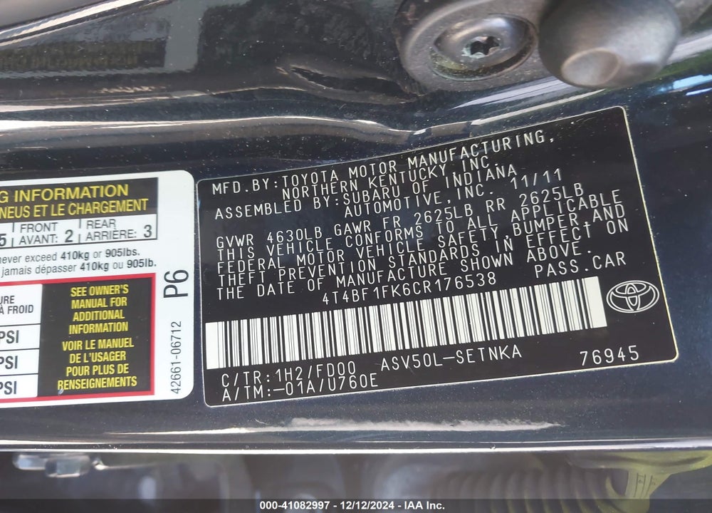 2012 TOYOTA CAMRY LE VIN: 4T4BF1FK6CR176538