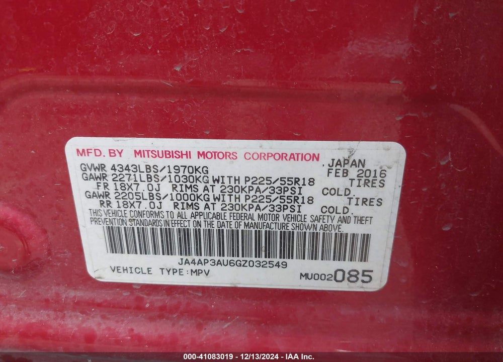 2016 MITSUBISHI OUTLANDER SPORT 2.0 ES VIN: JA4AP3AU6GZ032549