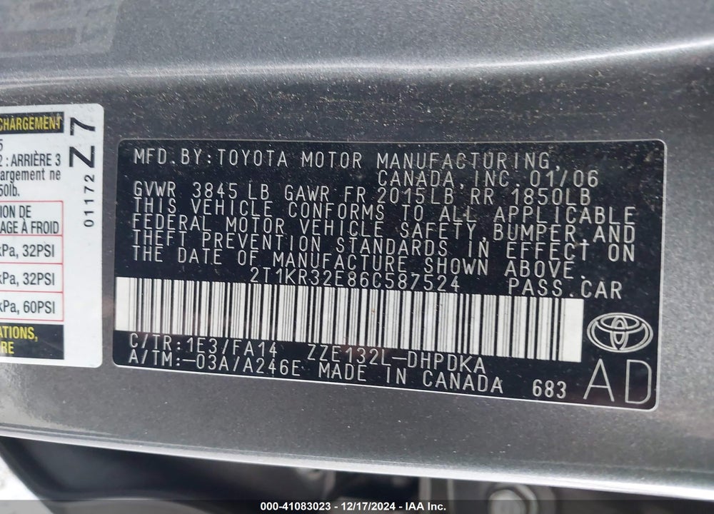 2006 TOYOTA MATRIX VIN: 2T1KR32E86C587524