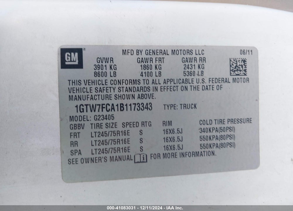 2011 GMC SAVANA 2500 WORK VAN VIN: 1GTW7FCA1B1173343