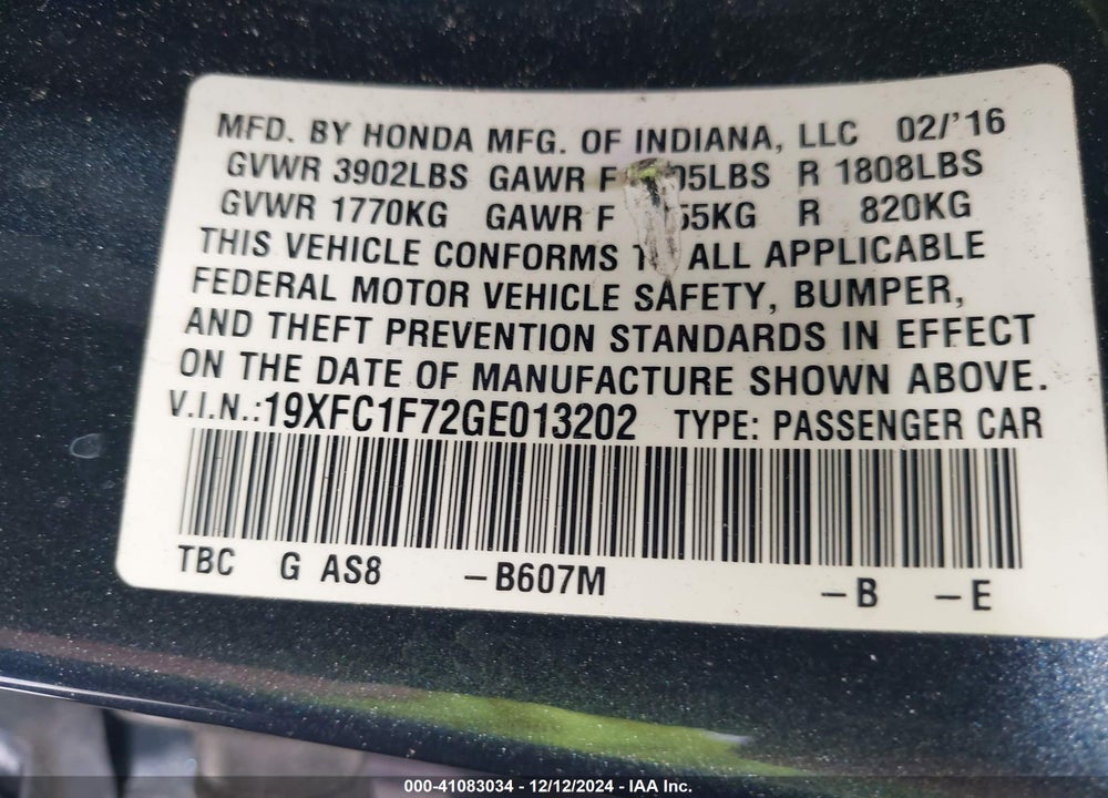 2016 HONDA CIVIC EX-L VIN: 19XFC1F72GE013202