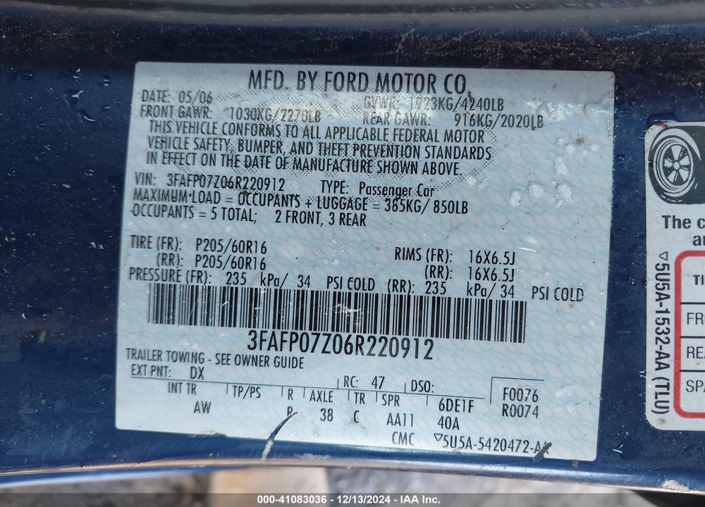 2006 FORD FUSION SE VIN: 3FAFP07Z06R220912