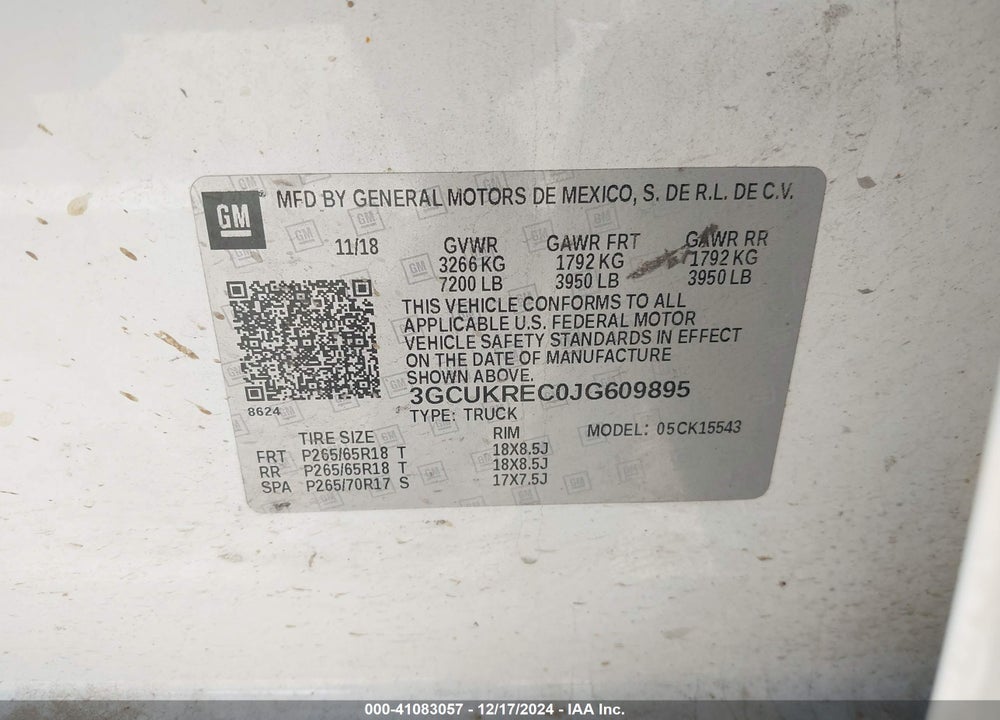 2018 CHEVROLET SILVERADO VIN: 3GCUKREC0JG609895
