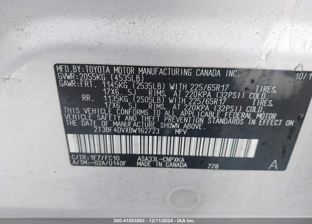 2011 TOYOTA RAV4 VIN: 2T3BF4DVXBW162723