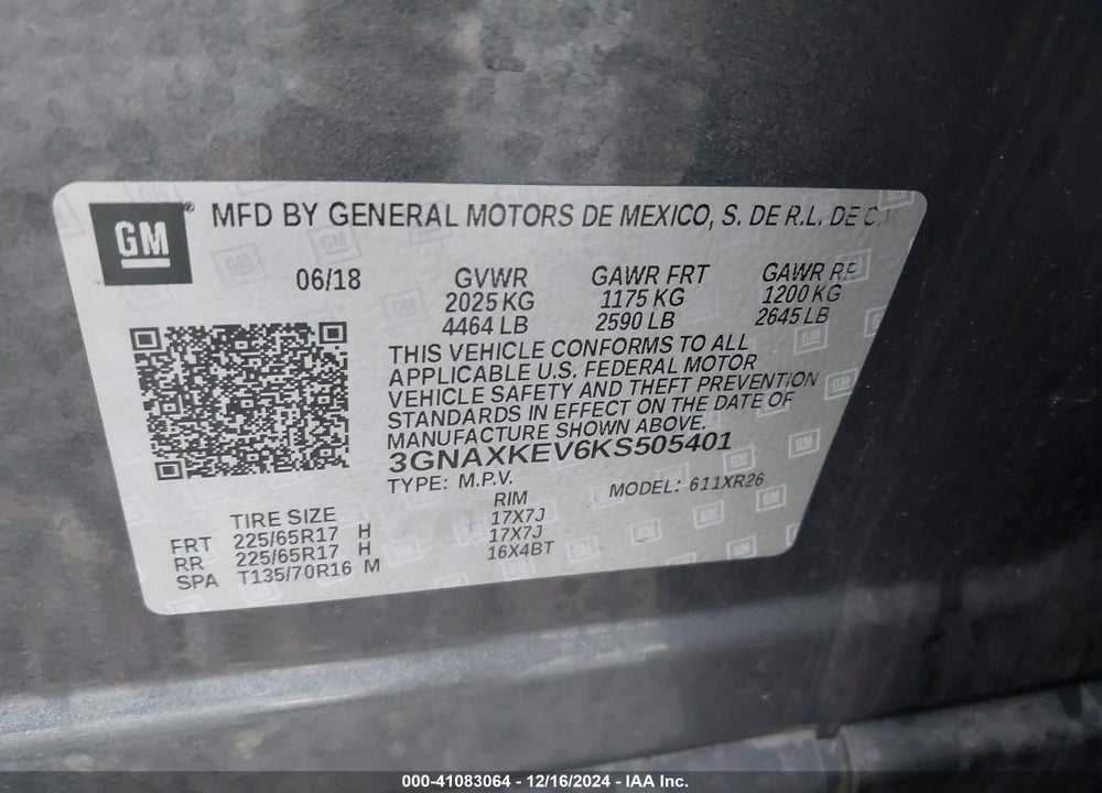 2019 CHEVROLET EQUINOX LT VIN: 3GNAXKEV6KS505401