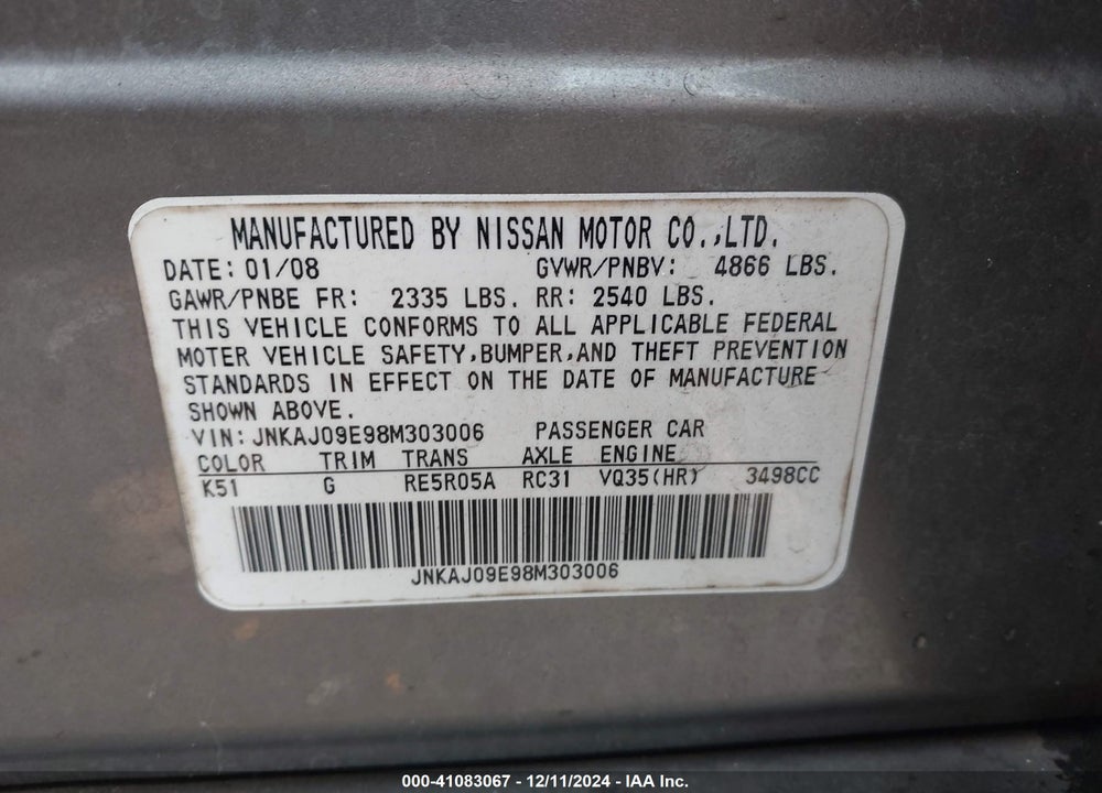 2008 INFINITI EX35 JOURNEY VIN: JNKAJ09E98M303006
